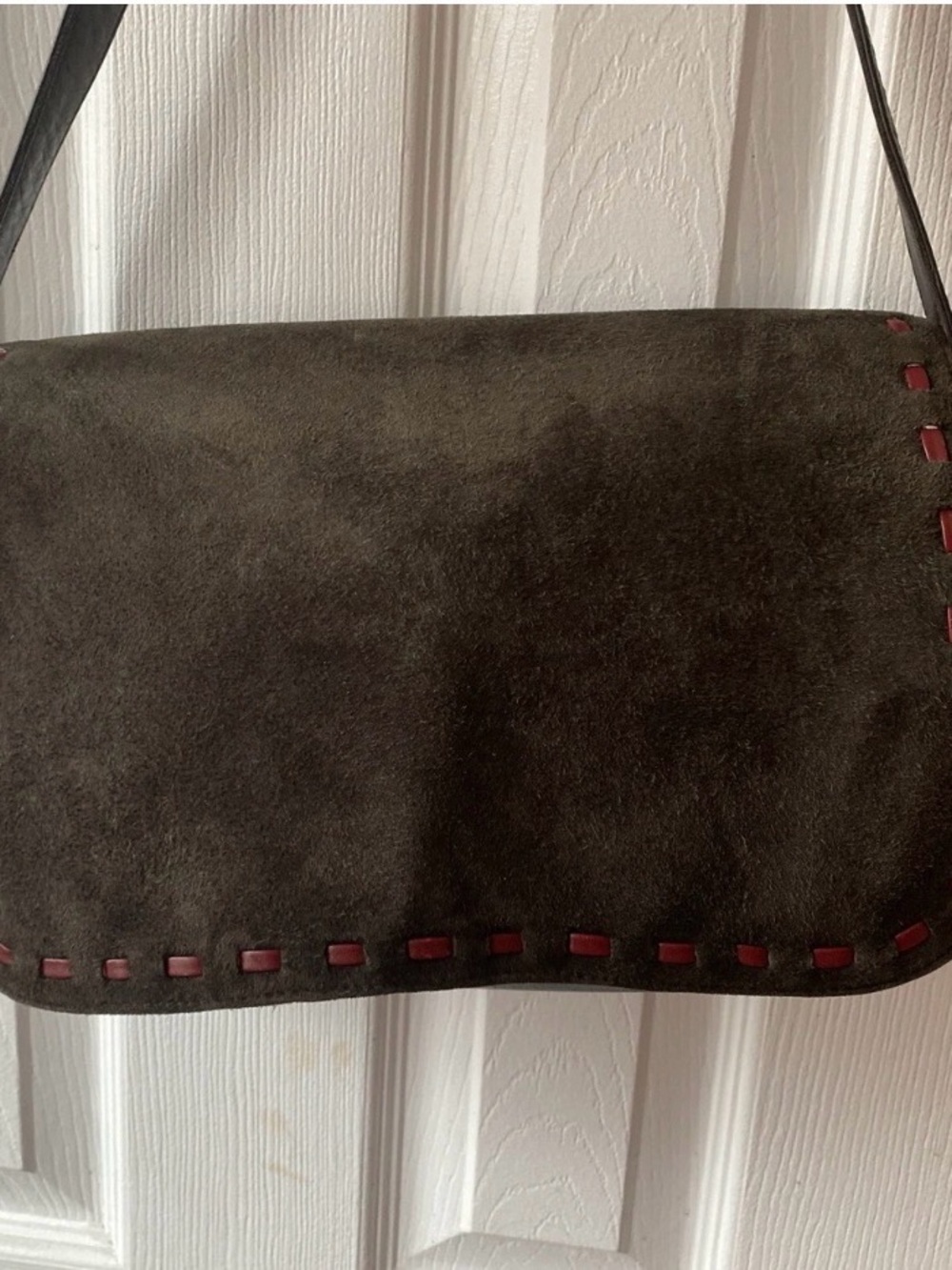 Vintage Women's Dark Brown Suede Shoulder Bag with Red Accent Stitching